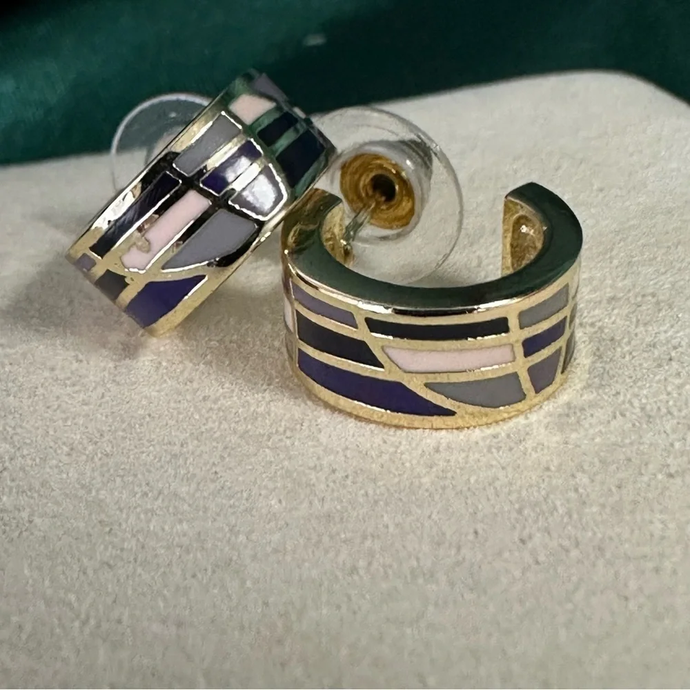 Gold-Plated Enamel Inlay Hoop Earrings • Purple & Lilac Mosaic